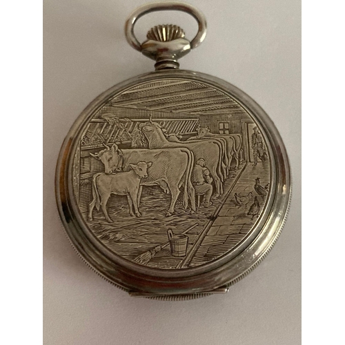 14 - Stunning vintage ARNEX farm scene pocket watch, having white face with cattle and floral detail, Bla... 