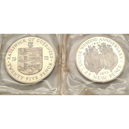 332 - 1972 Royal Mint Guernsey and Gibraltar Uncirculated Sterling Silver Crowns. In original presentation... 