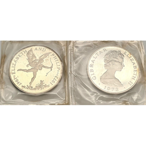 332 - 1972 Royal Mint Guernsey and Gibraltar Uncirculated Sterling Silver Crowns. In original presentation... 