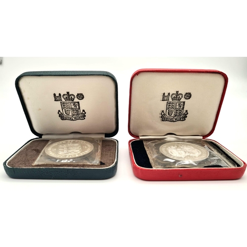 332 - 1972 Royal Mint Guernsey and Gibraltar Uncirculated Sterling Silver Crowns. In original presentation... 