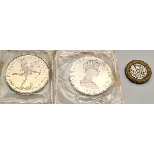 332 - 1972 Royal Mint Guernsey and Gibraltar Uncirculated Sterling Silver Crowns. In original presentation... 