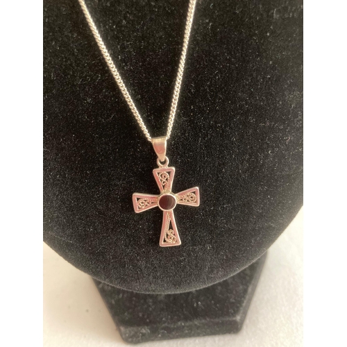 357 - SILVER FILIGREE CROSS  with black onyx detail mounted on a SILVER CHAIN. Presented in attractive jew... 