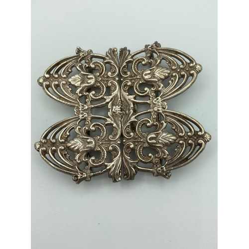 56 - Vintage heavy solid SILVER NURSES BUCKLE having beautiful decorative filigree work with clear Hallma... 