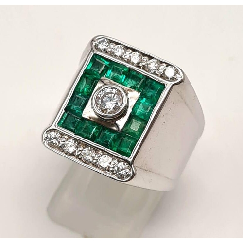 71 - A Heavy 18k White Gold Emerald and Diamond Dress Ring. Central round-cut brilliant diamonds surround... 