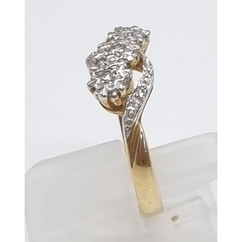 293 - 9K YELLOW GOLD DIAMOND 3 STONE TWIST RING 3G SIZE O