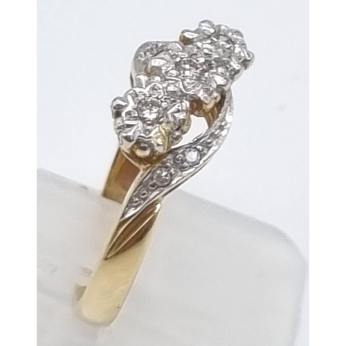 293 - 9K YELLOW GOLD DIAMOND 3 STONE TWIST RING 3G SIZE O