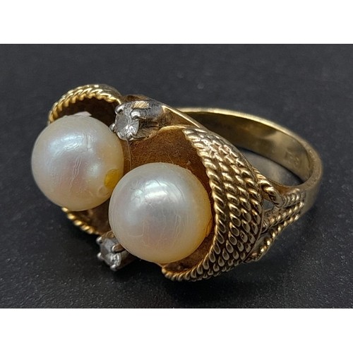 45 - An 18K Yellow Gold Pearl and Diamond Ring. Two round brilliant cut natural diamonds and two near-rou... 