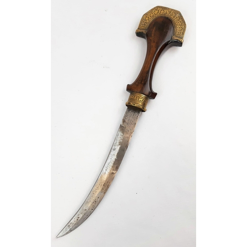 480 - A Vintage or Antique Middle Eastern Wood and Brass Curve Bladed Knife in Brass Sheath 42cm Length.