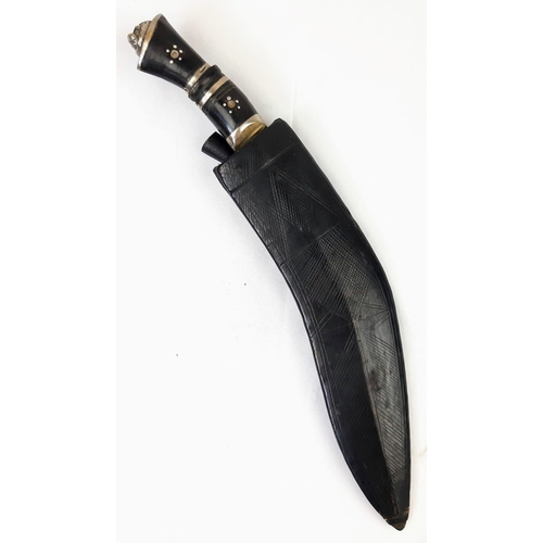 530 - Vintage Ghurka Kukri with Side Knives and Leather Sheath, Detailed Blade and Inlaid Grip with Ornate... 