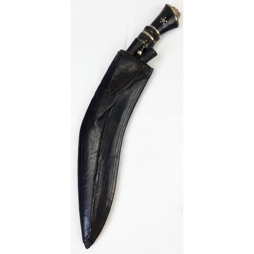 530 - Vintage Ghurka Kukri with Side Knives and Leather Sheath, Detailed Blade and Inlaid Grip with Ornate... 