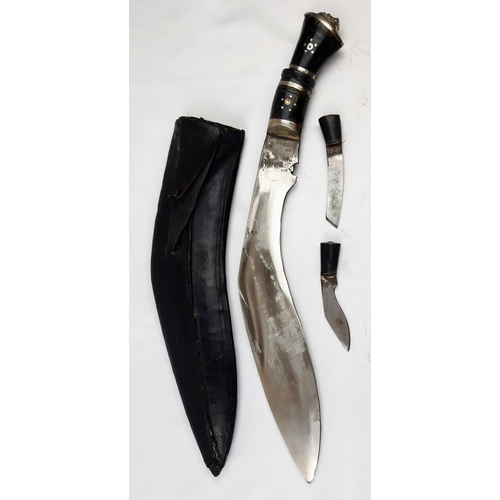 530 - Vintage Ghurka Kukri with Side Knives and Leather Sheath, Detailed Blade and Inlaid Grip with Ornate... 