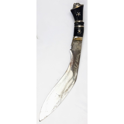 530 - Vintage Ghurka Kukri with Side Knives and Leather Sheath, Detailed Blade and Inlaid Grip with Ornate... 