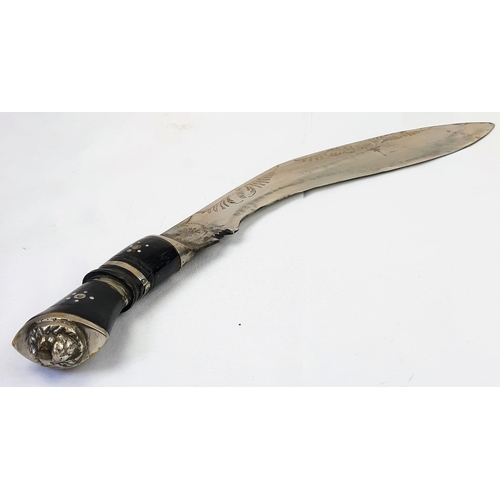 530 - Vintage Ghurka Kukri with Side Knives and Leather Sheath, Detailed Blade and Inlaid Grip with Ornate... 