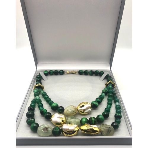 102 - An Elaborate White Keisha Pearl, Green Tigers Eye and Banded Green Agate Three-Row Necklace. Gilded ... 