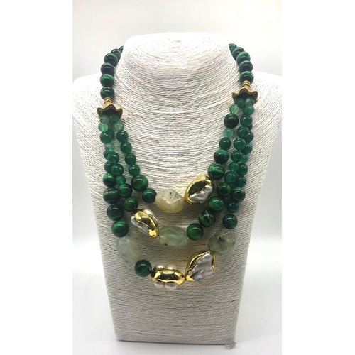 102 - An Elaborate White Keisha Pearl, Green Tigers Eye and Banded Green Agate Three-Row Necklace. Gilded ... 