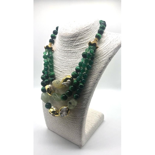 102 - An Elaborate White Keisha Pearl, Green Tigers Eye and Banded Green Agate Three-Row Necklace. Gilded ... 