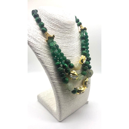 102 - An Elaborate White Keisha Pearl, Green Tigers Eye and Banded Green Agate Three-Row Necklace. Gilded ... 