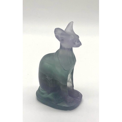 137 - A Hand-Carved Rainbow Fluorite Crystal Cat Figure. 8cm tall.