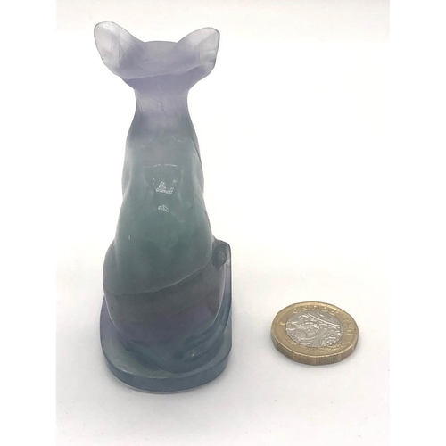 137 - A Hand-Carved Rainbow Fluorite Crystal Cat Figure. 8cm tall.