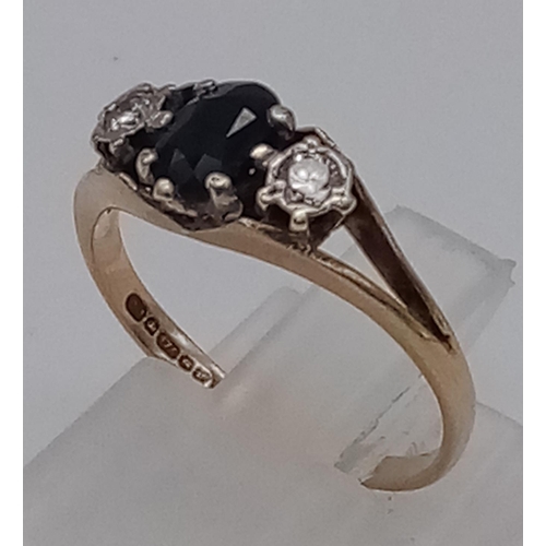 187 - 9K YELLOW GOLD 3 STONE DIAMOND & SAPPHIRE RING 1.9G SIZE L