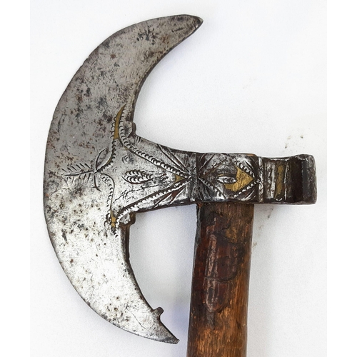 240 - A Genuine Vintage Brass Decorated Steel and Wood Tribal Axe 59cm length formerly owned by Doctor Jam... 