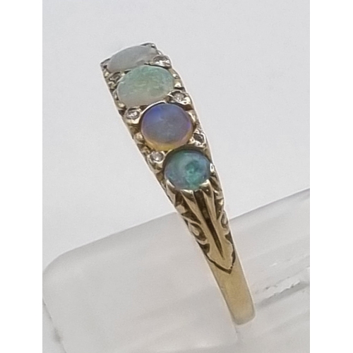 284 - 9K YELLOW GOLD 5 STONE OPAL RING WITH ACCENT DIAMONDS 2.7G SIZE V