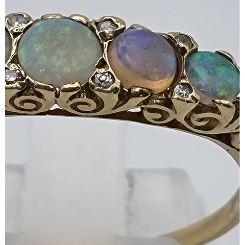 284 - 9K YELLOW GOLD 5 STONE OPAL RING WITH ACCENT DIAMONDS 2.7G SIZE V