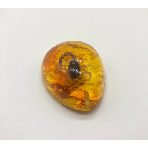 420 - A Scorpion Trapped in an Amber-Coloured Resin. Pendant or small paperweight. 6 x 4cm.