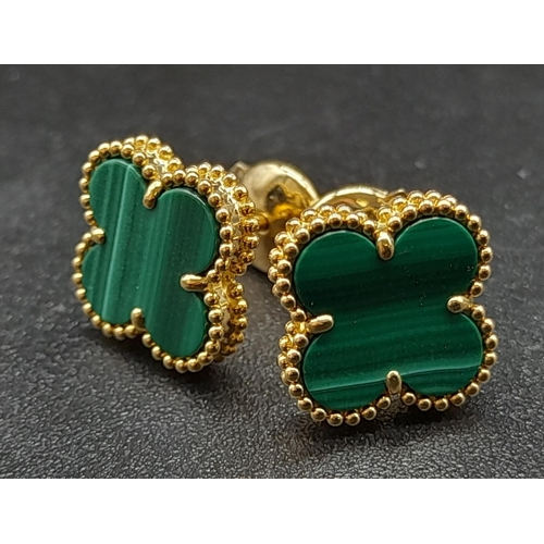 37 - A Pair of 18K Yellow Gold Van Cleef and Arpels Alhambra Malachite Earrings. 3.37g total weight.