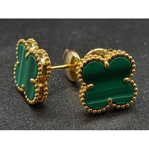 37 - A Pair of 18K Yellow Gold Van Cleef and Arpels Alhambra Malachite Earrings. 3.37g total weight.