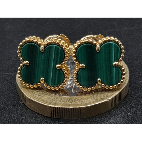 37 - A Pair of 18K Yellow Gold Van Cleef and Arpels Alhambra Malachite Earrings. 3.37g total weight.