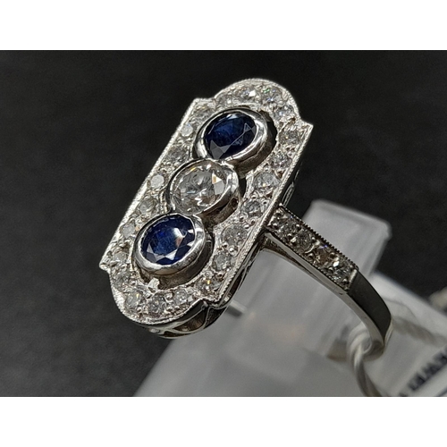 5 - A 950 Platinum Sapphire and Diamond W.G.I Certified Art Deco Ring. A platinum ring with 31 round bri... 