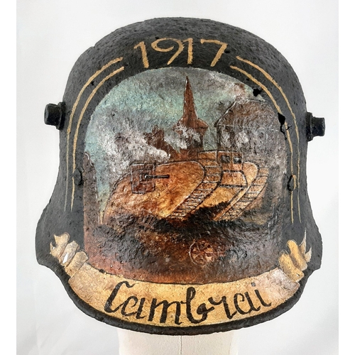 467 - WW1 German M16 Stahlhelm Found Cambrai with Post War Memorial Painting.