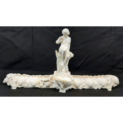 591 - Two Vintage Possibly Antique White Ceramic Figures. Both sit on a rock overlooking a wide channel - ... 