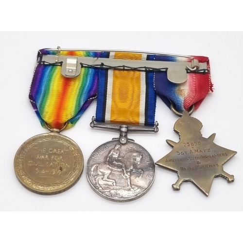 17 - Three WW1 British Medals - All Awarded to Sergeant Matz of the Royal Fusiliers. WW1 1914-15 Star, Ge... 