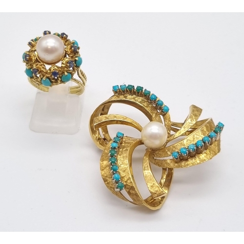 4 - A Wonderful Vintage Possibly Antique 18K Yellow Gold, Turquoise and Pearl Ring/Brooch Set. Ring - Ce... 