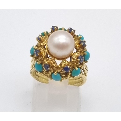 4 - A Wonderful Vintage Possibly Antique 18K Yellow Gold, Turquoise and Pearl Ring/Brooch Set. Ring - Ce... 