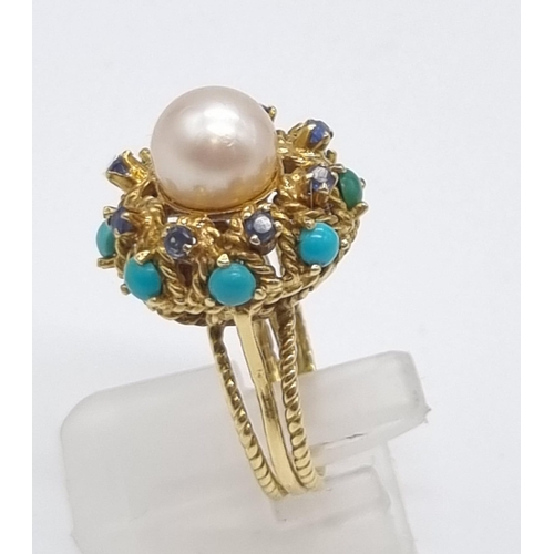 4 - A Wonderful Vintage Possibly Antique 18K Yellow Gold, Turquoise and Pearl Ring/Brooch Set. Ring - Ce... 