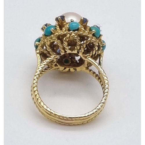 4 - A Wonderful Vintage Possibly Antique 18K Yellow Gold, Turquoise and Pearl Ring/Brooch Set. Ring - Ce... 