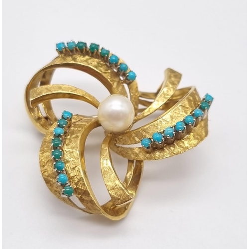 4 - A Wonderful Vintage Possibly Antique 18K Yellow Gold, Turquoise and Pearl Ring/Brooch Set. Ring - Ce... 