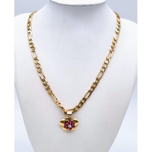 68 - A 9K Yellow Gold Figaro Link Chain with a 9K Yellow Gold Floral Pendant with Pink Sapphire and Diamo... 