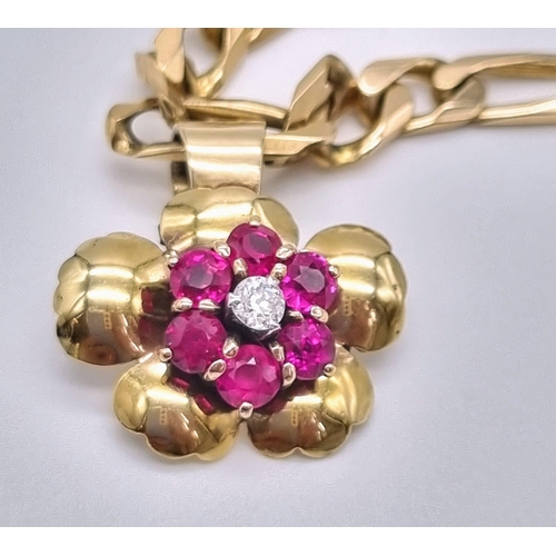 68 - A 9K Yellow Gold Figaro Link Chain with a 9K Yellow Gold Floral Pendant with Pink Sapphire and Diamo... 