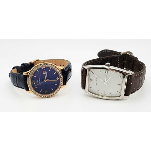 1196 - A His and Hers Accurist Quartz Watch. Ladies, blue dial, case - 30mm. His, vintage, case - 40 x 28mm... 