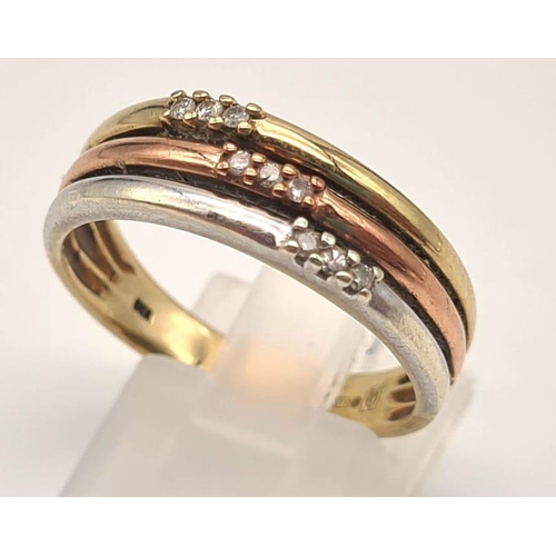 579 - 9K 3 COLOUR DIAMOND SET BAND RING 4.1G SIZE S