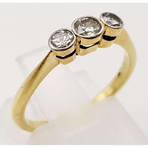 165 - 18K YELLOW GOLD & PLAT VINTAGE DIAMOND 3 STONE RING 2.3G 0.30CT SIZE L 1/2