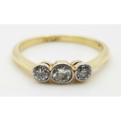 165 - 18K YELLOW GOLD & PLAT VINTAGE DIAMOND 3 STONE RING 2.3G 0.30CT SIZE L 1/2