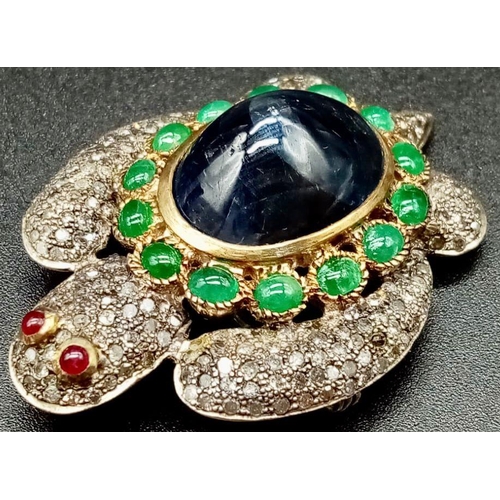 619 - Turtle Shaped Brooch Combo Pendant, Gold on 925 Silver with 25ct Central Cabochon Blue Sapphire 2.60... 