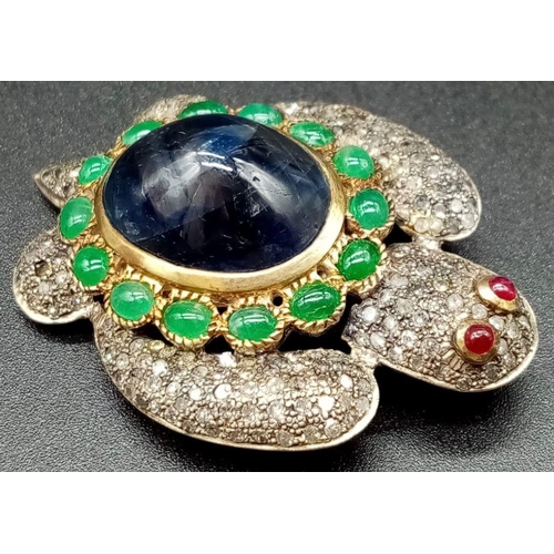 619 - Turtle Shaped Brooch Combo Pendant, Gold on 925 Silver with 25ct Central Cabochon Blue Sapphire 2.60... 