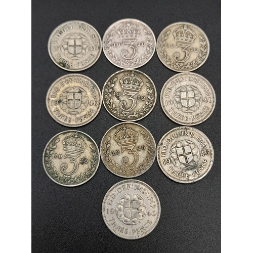 585 - Ten Threepence George V and VI Silver Coins.