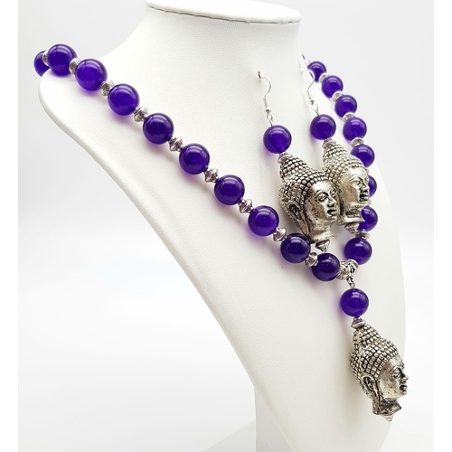 203 - A white mental (untested), Thai Buddhist, dark lavender jade necklace and earrings set with Buddha h... 